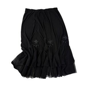 Vintage 90's Midi Beaded Black Skirt Lace Pearl Floral Applique Whimsigoth Korea